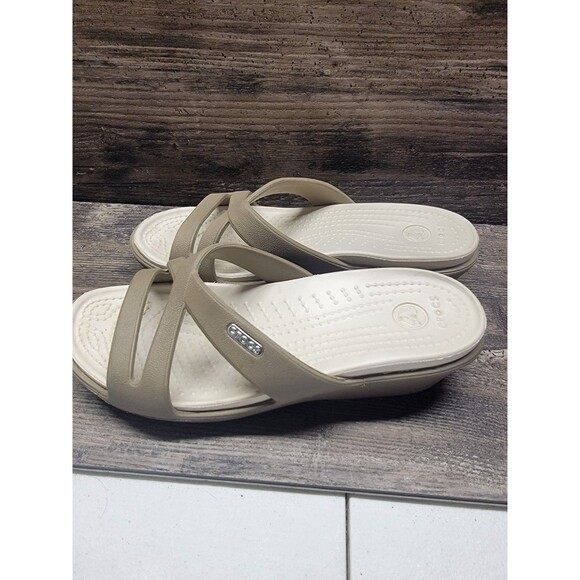 CROCS Patricia Wedge Slide Sandal Womens 5 Khaki & Pearl White Style #10386 EUC - Picture 2 of 4